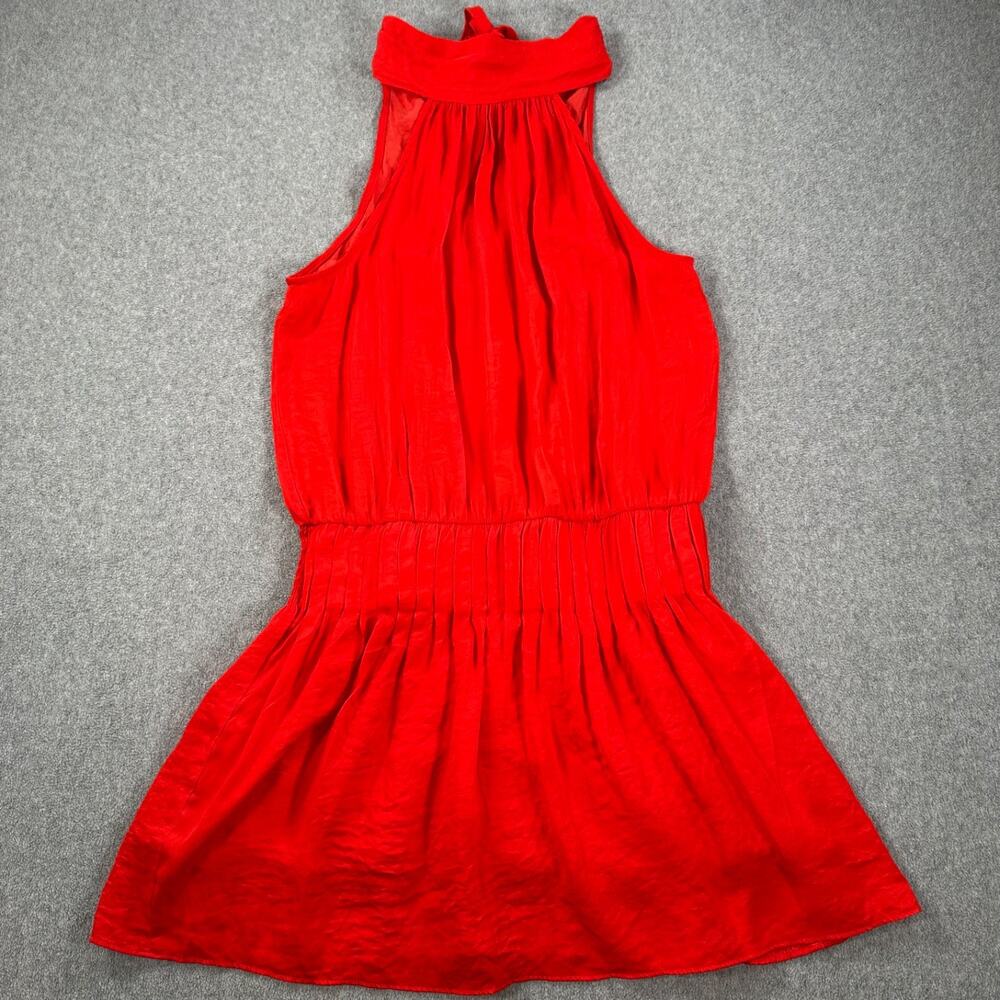 Do+Be High Neck Red Mini Dress Size Large Sleeveless Gathered Waist Bow Pleated